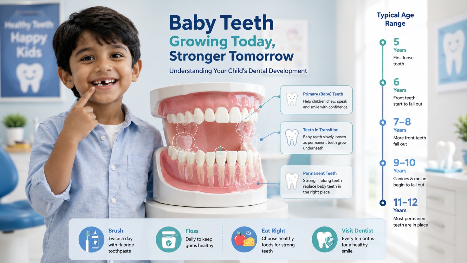 Educational illustration showing primary teeth gradually being replaced by permanent teeth in a child aged 5 to 12 years.