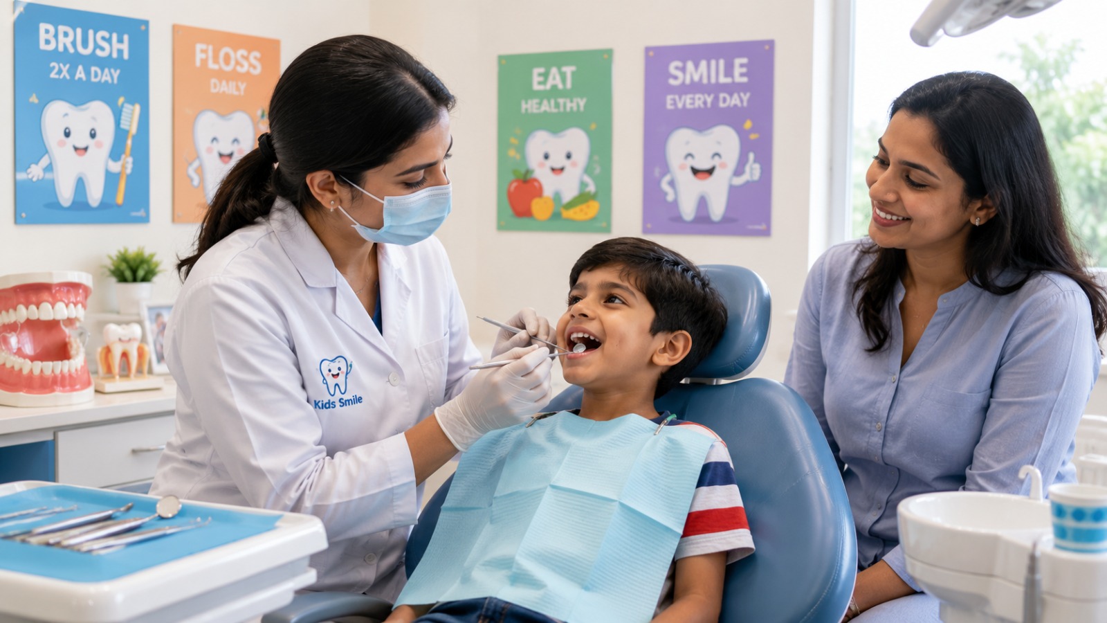 Pediatric dentist examining a smiling child during a routine dental checkup while a parent watches in a modern dental clinic.