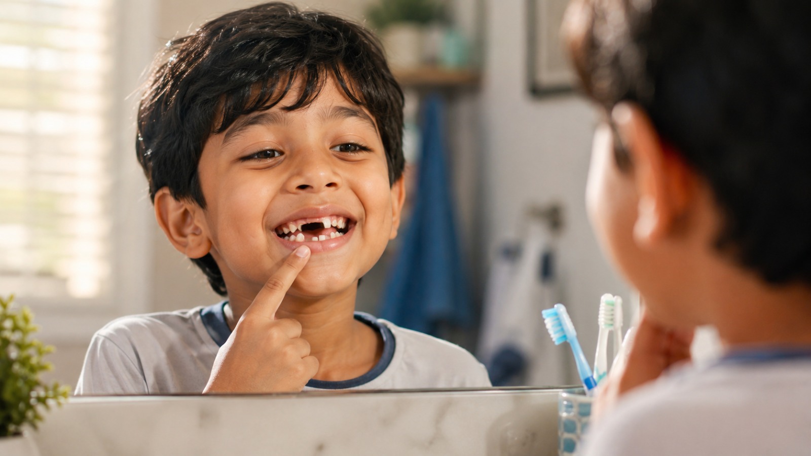 Happy 6-year-old Indian child pointing to a loose lower front baby tooth while smiling in a bathroom mirror.